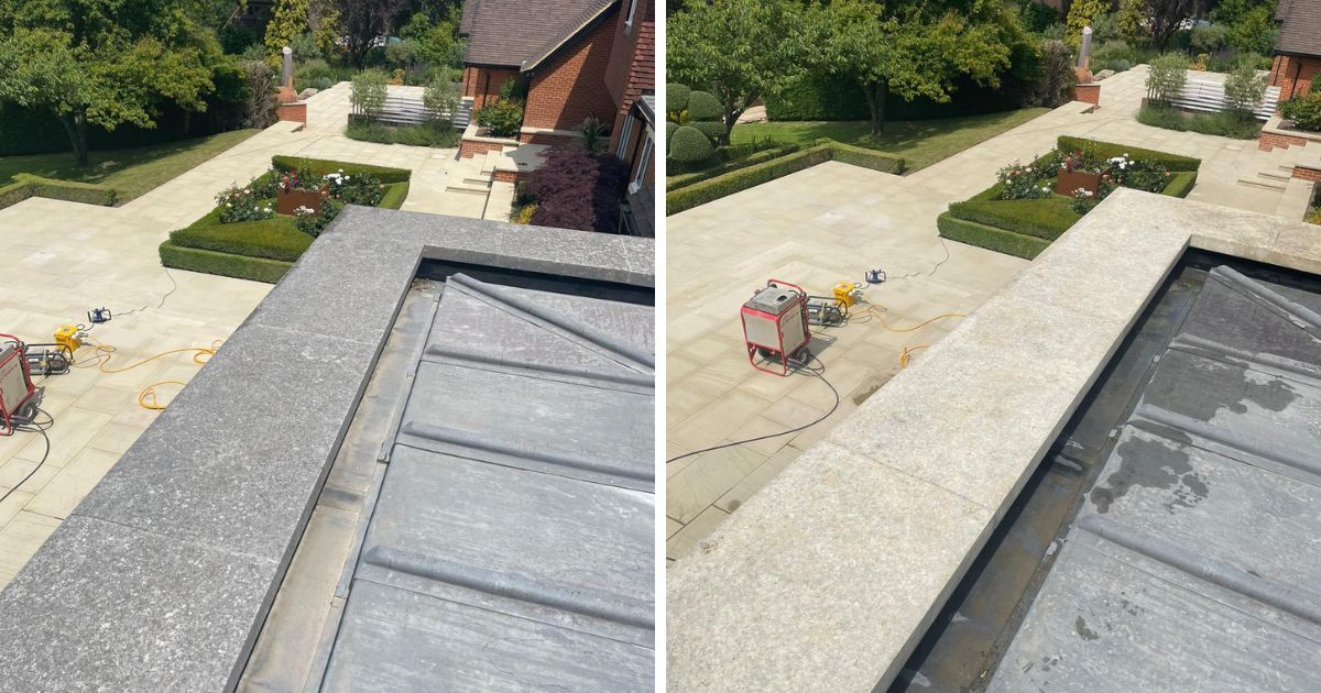 A before and after view of stone that has been professionally cleaned by Vinci Response.