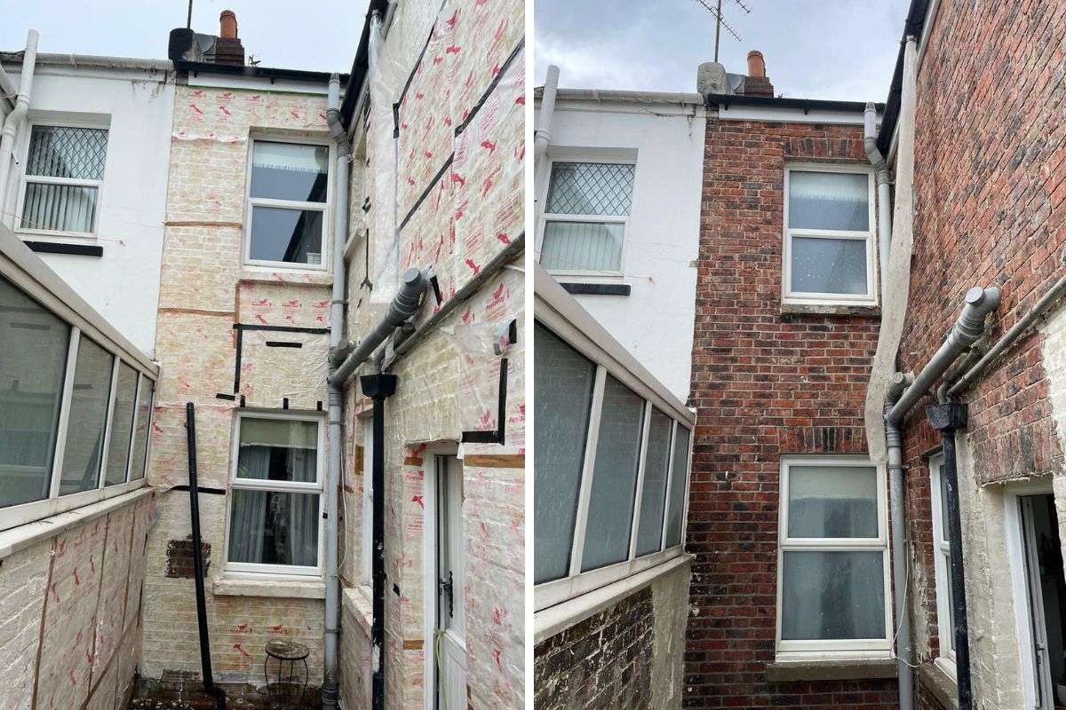 Before and after of paint being removed from a brick wall.