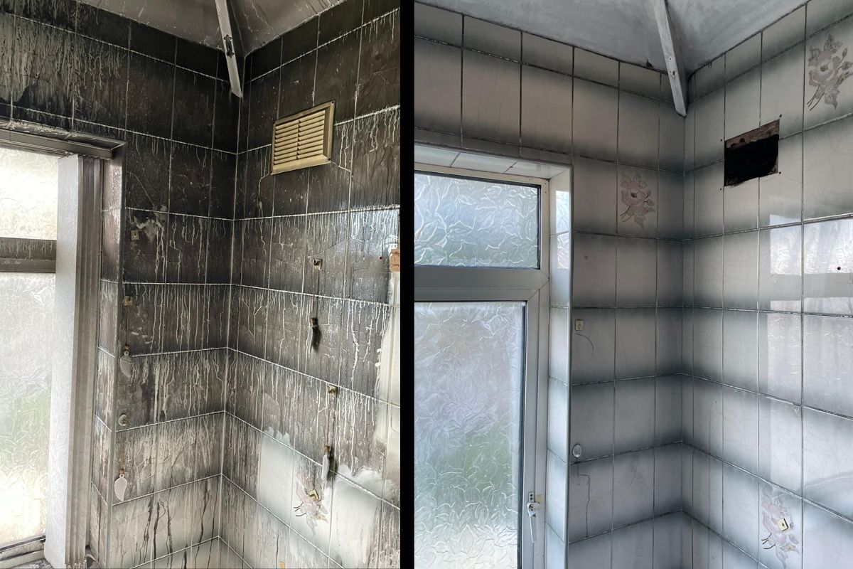 A before and after picture of a fire damaged bathroom covered in soot and ash to help illustrate Vinci Response's fire damage restoration services.