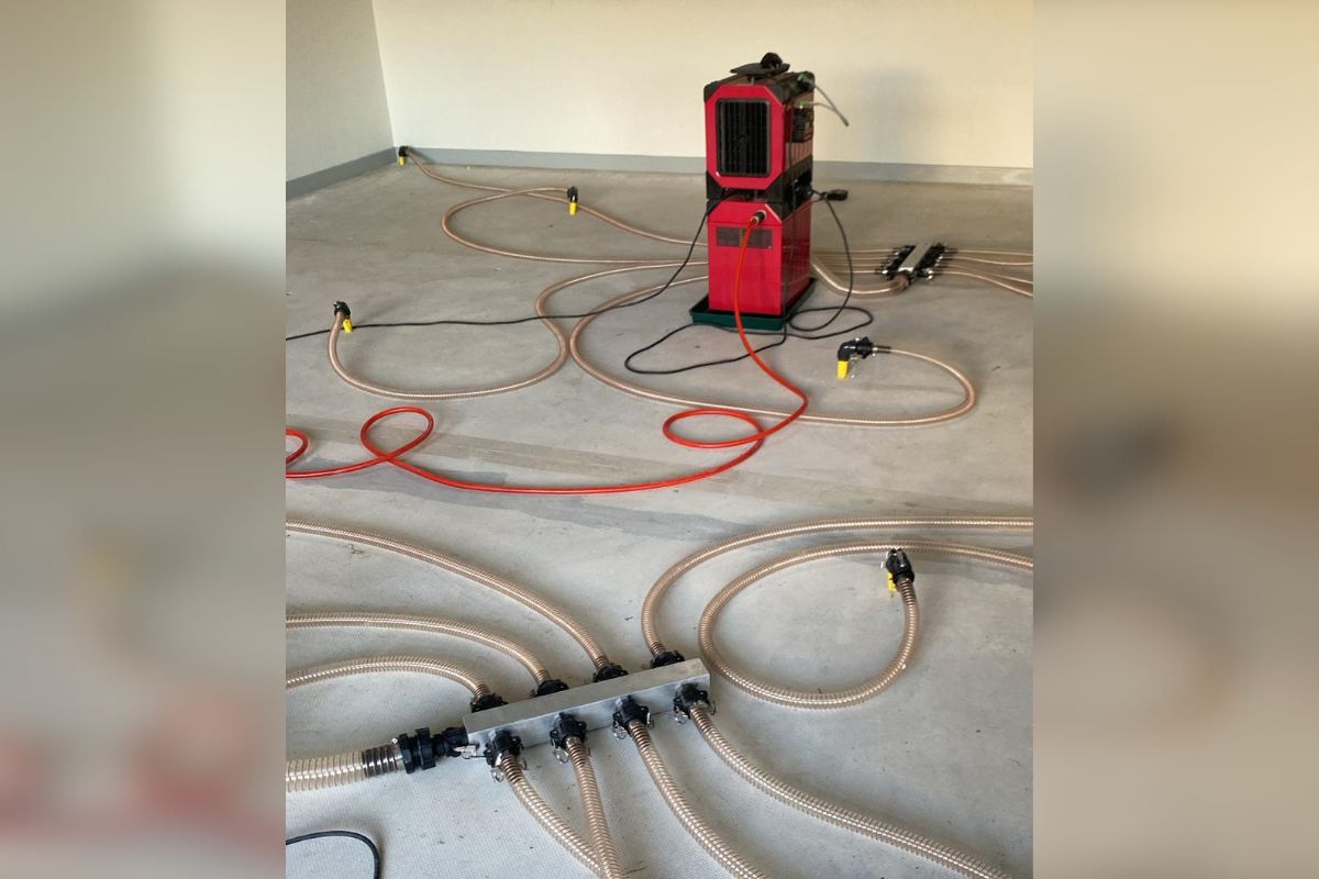 A pressure dryer on the floor with all the connected hoses plugged into the floor.